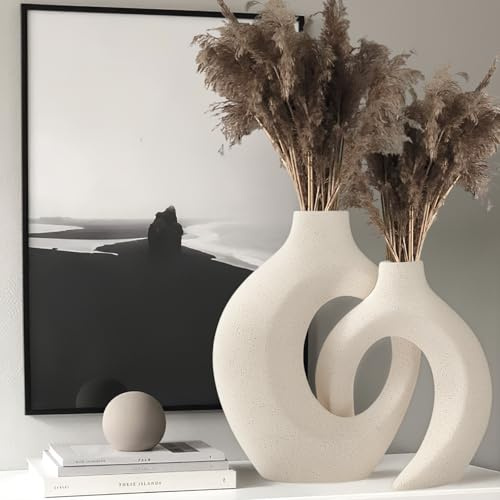 Jarrones de Cerámica,Juego de 2 Jarrones Decorativos Modernos,Centro de Mesa Bohemio para Mesa de Comedor,para Sala de Estar,Dormitorio,Bodas,Centro De Mesa De Fiestas(Blanco,Grande+Pequeño)