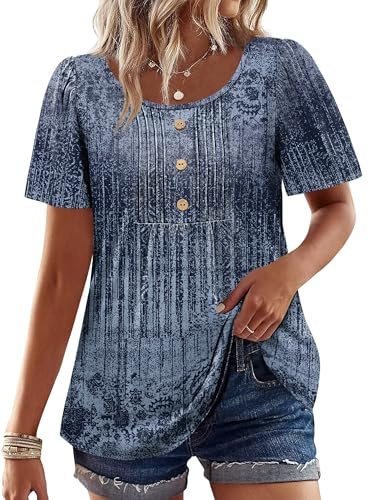 Boho Tops for Women Plus Size Fashion Clothing Babydoll Short Sleeve Shirts Dressy Casual Blouses Tuck Pleated Business Work Clothes Navy XL
