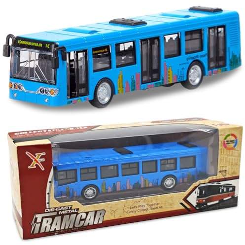 Buss Car Toys, Bus Model Car Play Vehicles Toy Pull Back Vehicle Toy Alloy Diecast Vehicles Mould Pull-Back Buss Play Vehicle Toys with Lights and Sounds City Cars Model Gift for Birthday (Blue)