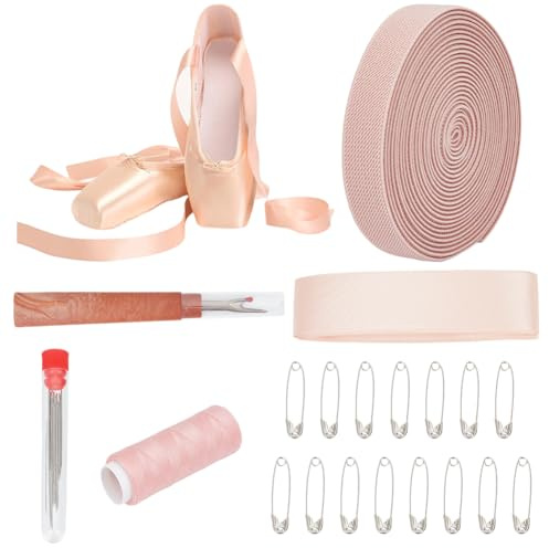 CABODYALS Ballet Pointe Shoe Flat Elastic Stitch Sewing Kit Bloch Satin Ribbon Cord Pink Professional Iron Safety Pins Thread Steel Knitting Needles Seam Ripper Set for Shoes Diy Repair Accessories
