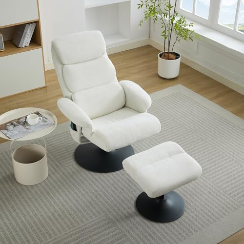 VIVCA Sillón de relax reclinable con masaje de 5 puntos, sillón y taburete giratorio 360°, tela de chenilla blanca
