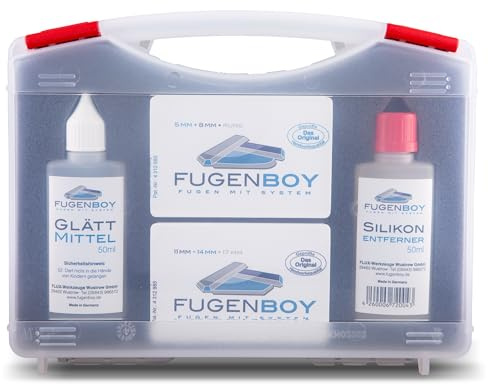 Fugenboy® Basis-Koffer | Silikonfugen-Werkzeug im Komplett-Set | Deutsche Herstellung | Fugen-Set mit Silikon-Entferner, 6x patentierte Fugen-Glätter & Silikon-Glättmittel | Silikon-Fugen erneuern