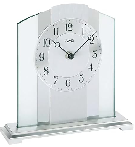 AMS 1120 Moderne Tischuhr mit Geräuschlosem Quarzwerk, Analog, Silbernes Zifferblatt mit Arabischen Ziffern, Mineralglas und Metall, Schwarze Zeiger, Maße: 20 x 20 x 6 cm