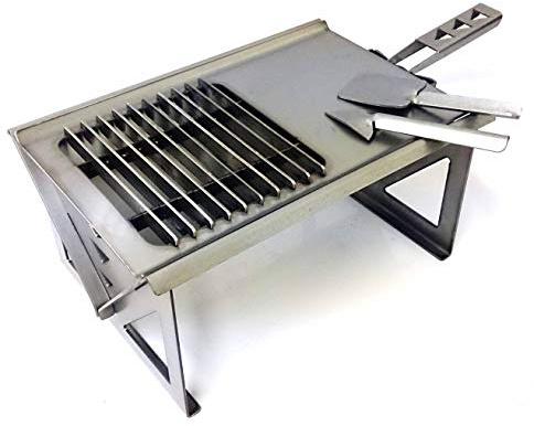 Volcann Portable BBQ and Cooktop with Meat Spike Grill Holder and Spatula - Flatpack Barbecue Smoker Stove Cook for Travel, Camping, Hiking, Fishing and more