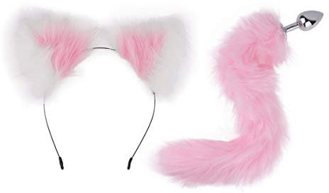 YiZYiF Anales Plug Divertido Diadema de Felpa Para Adultos Orejas de Gato Cola de Zorro Arco Metal Butt Anal Enchufe Erótico Juguetes Sexuales Para Parejas Rosa y Blanco A Talla Única