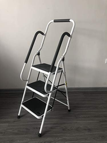 Escabeau 3 marches Pliant, Marchepied Echelle Pliable en Acier Pieds et Marches Antidérapants Robuste 150 kg de Charge Max