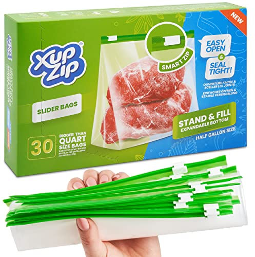 XupZip 2.27L Slider Freezer Bags with Airtight & Leakproof Smart Zip Seal – Reusable Food Bag with Expandable Bottom – Half Gallon Heavy-Duty Large Zip-Lock Bags, 30 Pcs