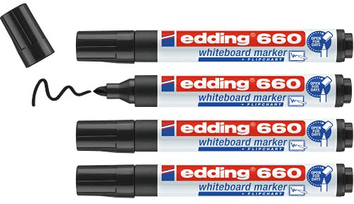 Edding 660 marcador para pizarras blancas - negro - 4 rotuladores - punta redonda 1.5-3 mm - rotulador para pizarra blanca, borrado en seco - pizarra blanca, flipchart, tablón de notas - recargable