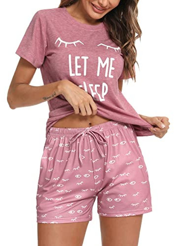 Uniexcosm Schlafanzug Damen Kurz Baumwolle Zweiteiliger Pyjama Set Kurzarm Nachtwäsche Wimperndruck Sleepwear Hausanzug Loungewear Stil 1:Rosa M