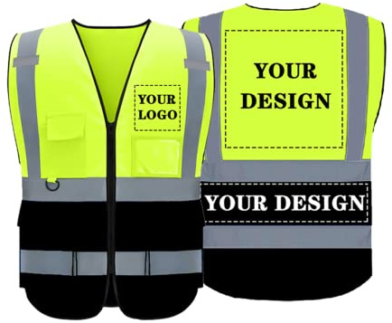 BeautyWill Personalisierte Sicherheitsweste Warnweste mit Text oder Logo und 5 Mehreren Taschen, Warnschutz Arbeitsweste Sicherheitsweste mit 360°Reflektorstreifen （GelbSchwarz-S）