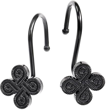 Black Shower Curtain Rings Hooks: Rust Proof Metal Shower Rings for Bathroom - Fancy Flower Clover Designed Decorative Shower Curtain Hooks Hangers for Shower Rod - Set of 12