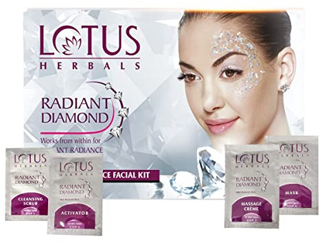 Lotus Herbals strålande diamant ansiktskit för omedelbar strålning med diamantdamm och kanel, 4 enkla steg, 37 g (engångsbruk)
