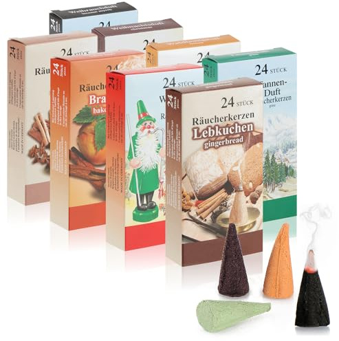 com-four® 192x Coni di incenso - Coni profumati in 8 Sfumature Natalizie - Bastoncini di incenso per Avvento e Natale - Coni di incenso Erzgebirge con Profumo Natalizio (0192 Pezzi - 8 profumazioni)