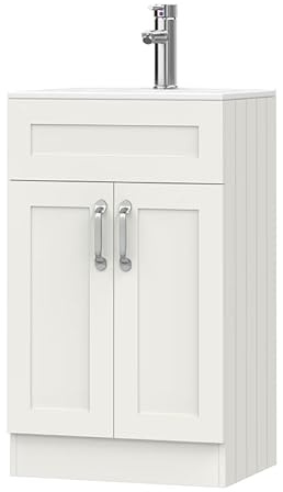 BELOFAY Crawley White 500mm Floor Standing Bathroom Vanity Unit With Basin - Laquered Cloakroom Vanity Unit with 1 Tap Hole Ceramic Basin and Soft Close Hinges. (WASTE INCLUDED)