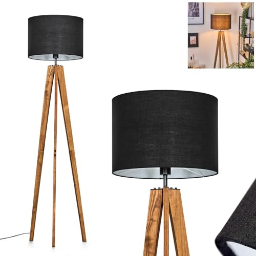 Bassagoda golvlampa, golvlampa av trä/metall/tekstil i natur/svart/vit, lampa i skandinavisk design med tygskärm (Ø 40 cm) och fotpedal, höjd 161 cm, 1 x E27, utan glödlampa