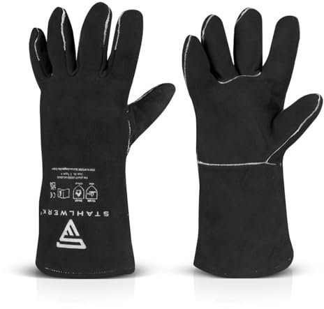 STAHLWERK Schweißerschutzhandschuhe extra robuste Hitzeschutzhandschuhe | Arbeitshandschuhe | Schweißerhandschuhe | Hitzebeständige Handschuhe aus hochwertigem Spaltleder zum Schweißen Plasmaschneiden