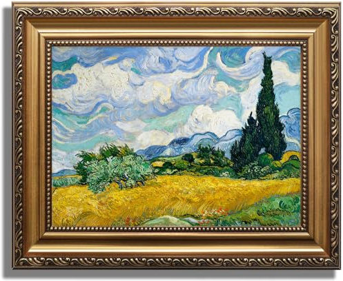KBKBART Gold Framed Van Gogh Wall Art, Vintage Abstract Wheat Field with Cypress Canvas Impressionist Oil Painting, Farmhouse Country Landscape Wall Decor, Van Gogh Famous Artist Poster for Room Aesthetic, Vintage Art Prints for Bedroom Living Room, Gallery, Gifts for Friends or Family(12x16)