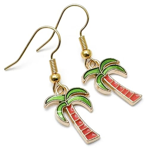 Palm Tree Charm Earrings, Green and Orange Enamel Charm Beads on Nickel Free Gold Tone Hooks : 36mm long, Handmade Gift for Women, Fun Tropical Holiday Design