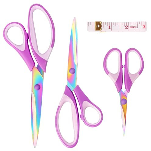 Ciseaux, ciseaux de bricolage polyvalents, lames tranchantes en acier inoxydable avec revêtement en titane, lot de 3 ciseaux pour le bureau, la maison, l'école et la couture (violet)