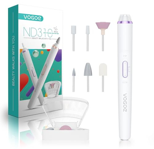 VOGOE Torno para Uñas Profesional, Lima Eléctrica Uñas Inalámbrica con Luz LED, Velocidad Ajustable & 2 Direcciones, Kit Manicura y Pedicura con 6 Brocas Torno Uñas Acrílicas & Gel ND310 (Morado)