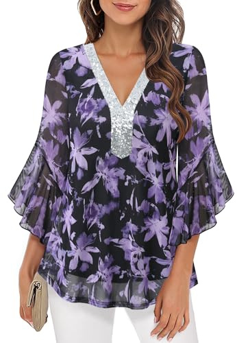 Bodhi talk Camicetta elegante da donna con maniche a 3/4 in pizzo con paillettes, tunica con scollo a V, camicia a doppio strato in mesh, top festivo per il perfetto uso quotidiano e per le feste, XXL