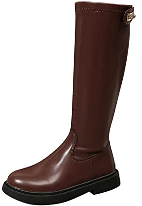 Kniehohe Plateau-Stiefel, schwarze Lederoptik, klobige Sohle, britisch, einfarbig, runder Kopf, flache Unterseite, modisch, lange Stiefel, kurze Gummistiefel für Damen, braun, 39.5 EU