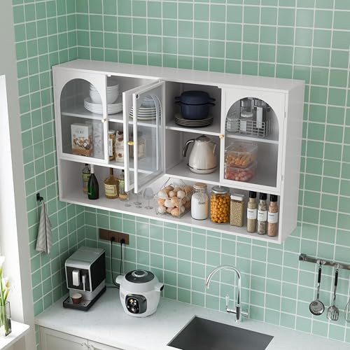 Ligterra Armario colgante de 120 cm, armario colgante de cocina, armario de pared de cristal de cuatro puertas con 4 puertas de cristal, vitrina colgante, armario de baño, aparador, adecuado para