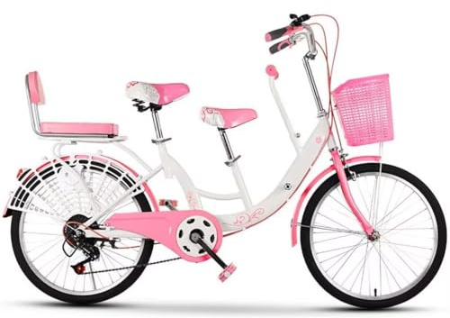 WENYAZIGUO Vélo de Ville, Vélo de Banlieue Tandem de 24 Pouces, 6 Vitesses, for Adultes, sièges Avant et arrière, Multicolore(Pink)