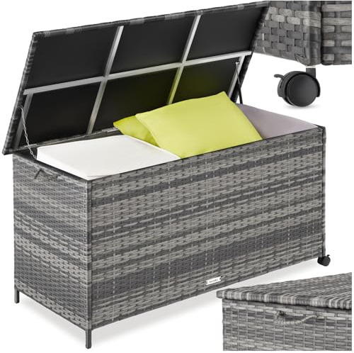 tectake® Baul Almacenaje Exterior 253L con Estructura de Aluminio y Trenzado de Ratán, Forro Interior Extraíble, Muebles Jardin Exterior, Cofre Terraza - 116 x 54 x 64 cm Gris