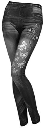 FSSTUD Women Fashion Denim Look Skinny Stretchy Jeggings Leggings with Butterfly Printed Pattern Black