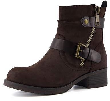 Dunes Max Motorcycle Womens Ankle Boots – Comfortable Booties for Women with Zipper & Buckle, Combat Boots Style, Memory Foam, Wide Width Options BROWN 8.5