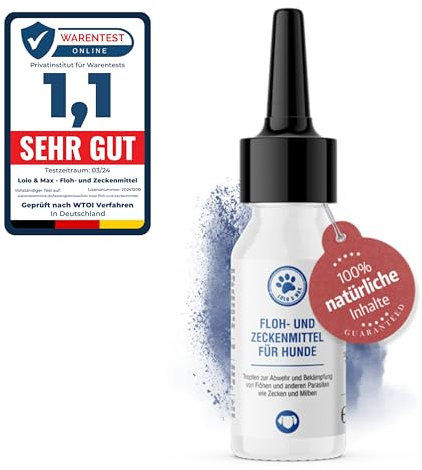 Lolo & Max - Floh- & Zeckenmittel für Hunde 100% Natürlicher Spot On - Bis zu 8 Monate Abwehr & Bekämpfung von Flöhen & Anderen Parasiten (Zecken,Milben,Läuse,Haarlinge,Wanzen) - 40ml