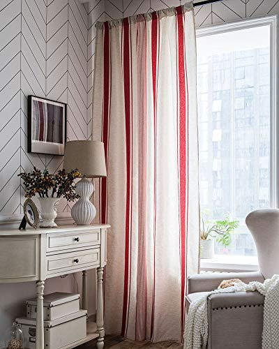 vctops Rideau de fenêtre à rayures en coton et lin - Style campagnard - Pour chambre à coucher ou salon - Rouge - 150 x 220 cm