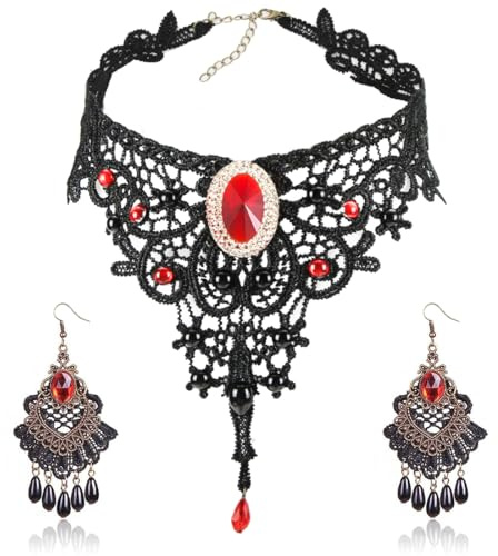 Meleager Collier Gothique Dentelle Vampire avec Boucles d'Oreilles Choker Femme Chokers Colliers Accessoires Gothiques Halloween Décoration Lolita, pour Carnaval, Halloween, Mascarade