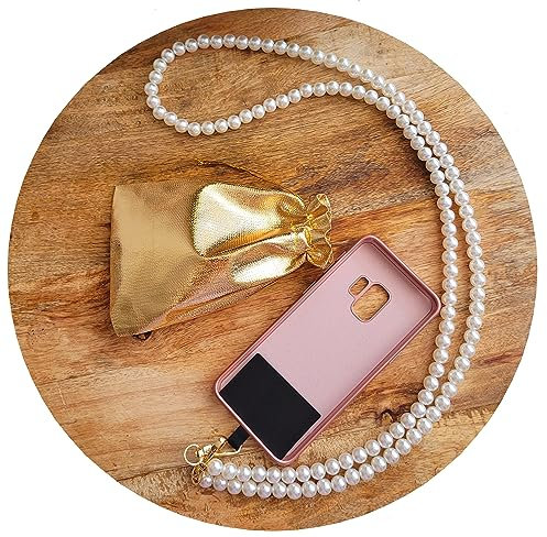 A ANCILE chaîne téléphone 120 cm Perles Blanches – Cordon bandoulière élégant avec Crochets dorés pour Smartphone et Sac – Languette Universelle Incluse