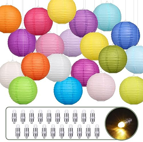 LIHAO 20PCS Paper Lanterns with Balloon Lights 8 inch Colorful Paper Lantern Chinese Lanterns Assorted Colors Hanging Paper Lamp Shade Decorations