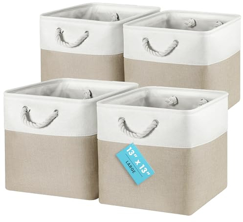 OrganiHaus Juego de 4 Cubos de Almacenamiento de 33x33cm, Cestas de Tela con Asas de Cuerda, Cubos de Almacenamiento Plegables para Librería Kallax, Contenedores para Guardería, Beige/Blanco