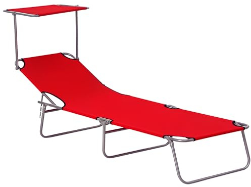 Outsunny Lettino Prendisole da Giardino Pieghevole con Tettuccio Schienale Regolabile, Sdraio da Giardino in Tessuto Oxford e Metallo, per Spiaggia, Piscina, 187x58x36 cm, Rosso