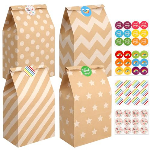 Zeawavsl 20 Stück Papiertüten, Papiertüten Kindergeburtstag Geschenktüten Kindergeburtstage mit 48 Aufkleber, 24 x 13 x 8 cm Braun Tüten Papier von Kindergeburtstag, Hochzeit, Feiern