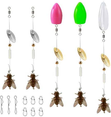 Lot de 5 Hameçons Pêche à la Mouche, Leurre Souples élastique en TPE, avec Spinner en Laiton et Perle Sonores, Submergés et Flottants, pour Eau Douce, Eau Salée, Bar, Truite, Brochet