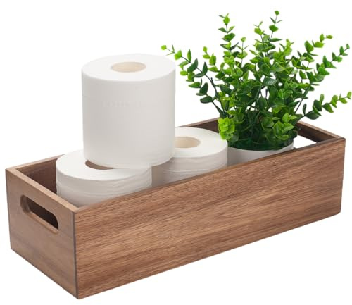 Toilet Tank Basket, Toilet Paper Basket for Back of Toilet Tank Top, Wood Bathroom Storage Basket for Organizing and Decor (38 x 15 x 10 cm)
