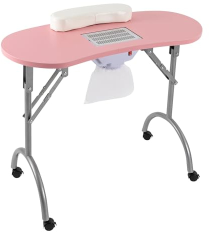 WOLEGM Tavolo per manicure con aspirazione, 90 x 40 x 72,5 cm, portatile per manicure con ruote, poggiapolsi e borsa per il trasporto per famiglie, saloni di unghie, rosa