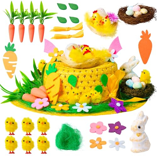 JOYIN Set di berretti pasquali, fai il tuo berretto fai da te con pulcini, conigli, carota, orecchie di coniglio, nido, erba, fiore per decorazioni pasquali, cappelli pasquali fai da te (cappello