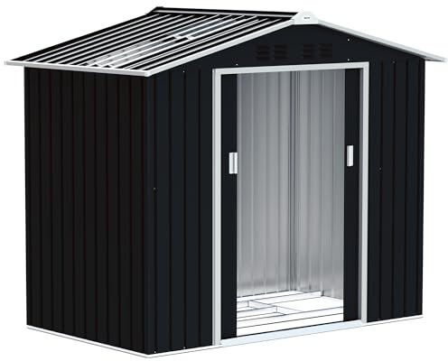 Outsunny Caseta de Jardín Exterior, 2,5 m² 213x130x185 cm, Cobertizo de Jardín Exterior Metálico con 2 Puertas Correderas, Claraboya, Base Refuerzo (Suelo NO Incluido) y 4 Ventanas, Gris Oscuro