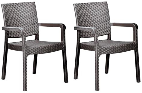 Violet House Sillas de Jardín con reposabrazos, Apilable, Silla plástico, Silla Exterior, 2 Unidades Marrón Oscuro, Casi Negro