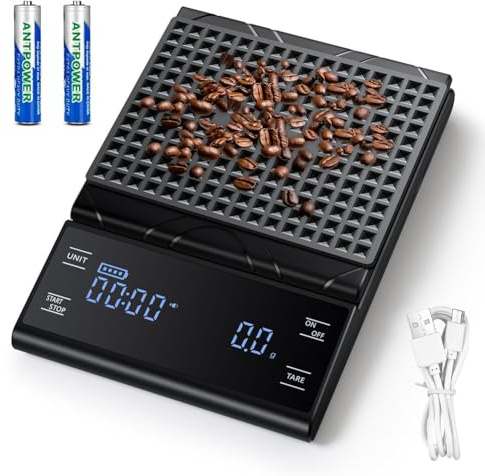 Báscula digital de cocina y café con temporizador, 0,1 g, báscula de precisión para expreso, café de filtro y cocina, báscula fina de 5 kg/0,1 g, USB-C, pantalla LCD, taración automática, escala de