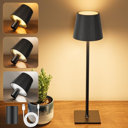 YICAIZI Lampada LED da Tavolo Senza Fili Lampade da Tavolo Batteria Ricaricabile con USB-C e Tappo per Bottiglia, Lampada Tavolo Dimmerabili per Salotto, Ufficio, Camera da Letto, Nero