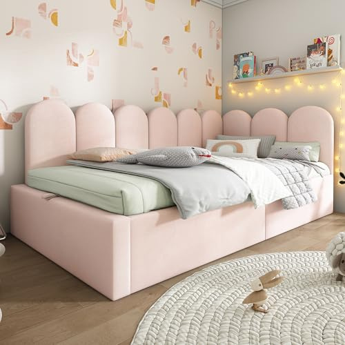 NCKMYB Twin Size Upholstered Daybed with Scallop-Shaped Guardrail and Hydraulic Storage (90x190cm), Velvet Ottoman Sofa Bed, Metal Slatted Frame, Space-Saving Design for Bedroom, Living Room (Pink)