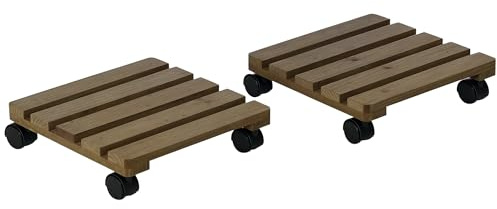 Outsunny Pack de 2 Plataformas con Ruedas de Madera, Soportes para Plantas con Ruedas 360 ° Giratorias Bloqueables, Bases para Macetas, Exterior, Interior, Jardín, Carga 50 kg, Marrón Oscuro