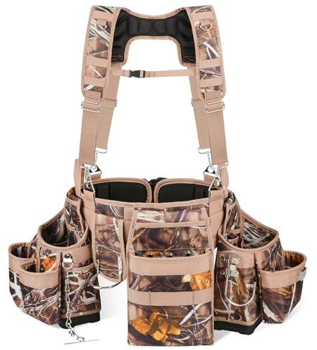 Chyaidach Camo 7 Piece Tool Belts for Men with Suspenders & Hard Bottom Pouches & Air Channel Support, Construction Tool Belt Framing Combo Heavy Duty Tool Rig for Carpenter Electrician Framer Roofing
